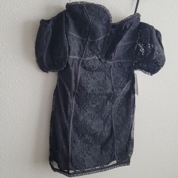 For Love And Lemons Azalea Lace Strapless Mini Dress M NWT Black Ruffle - Picture 3 of 7